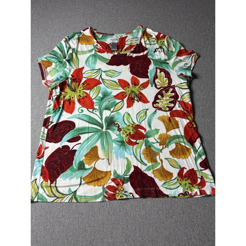 Chico's Women's Tiger Lily Tropical Floral Top 3 = XL 16 18 Red White Blue Green